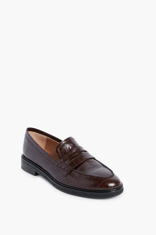 Non-Slip Walking Shoes Brown Croc Leather Sara Loafers