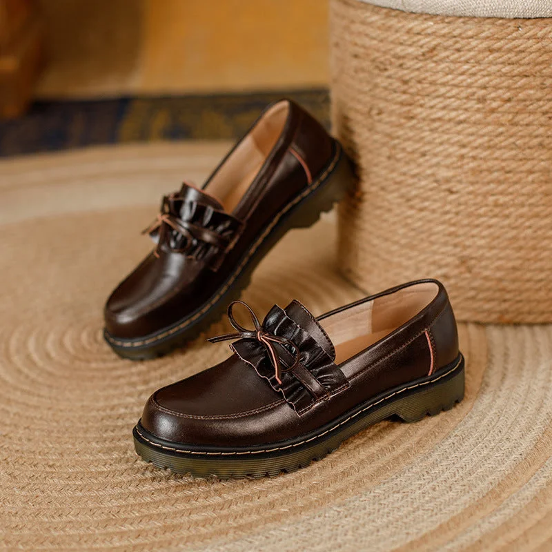 Ergonomic Walking Shoes Womens Round Toe Leather Bow Ruffled Ruffle Trim Loafers