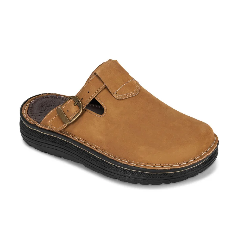 Ultra-Soft Cushion Shoes Sawyer - Leather Clog-Toe Sandal | Tan Nubuck