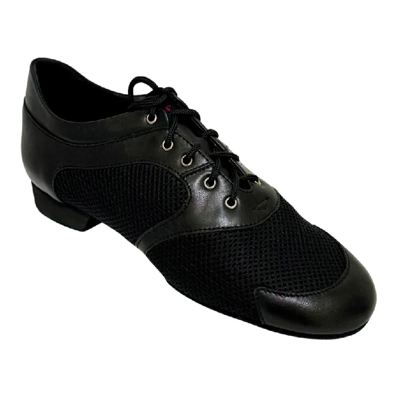 Sporty Breathable Sneakers Practice Dance Shoes, Michelle, Black Mesh and Leather, Heel - 2cm, Black Sole
