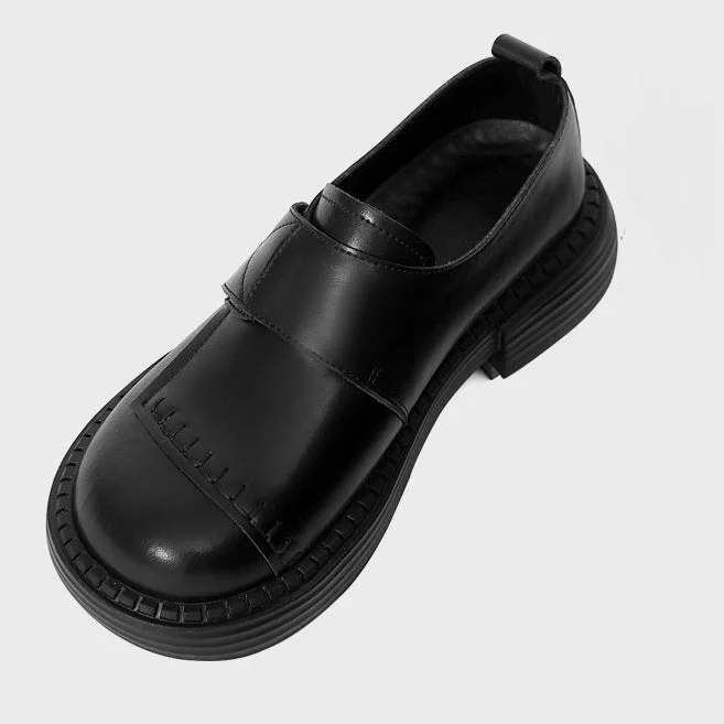 Fashion Slip-On Sneakers Womens Japanese Round Head Flat Velcro Soft Leather Loafers