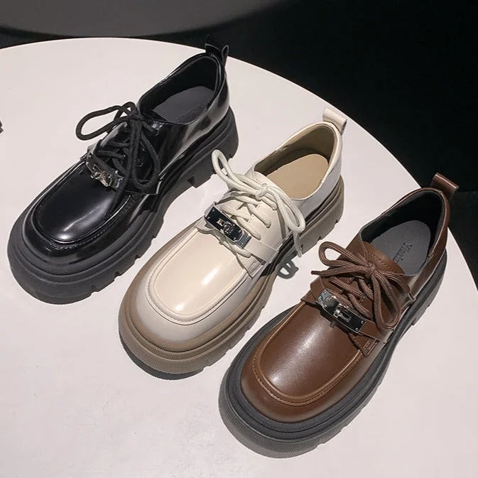 Ultra-Soft Sport Shoes Womens Oxford Leather Twist Lock Platform Lace-Up Shoes