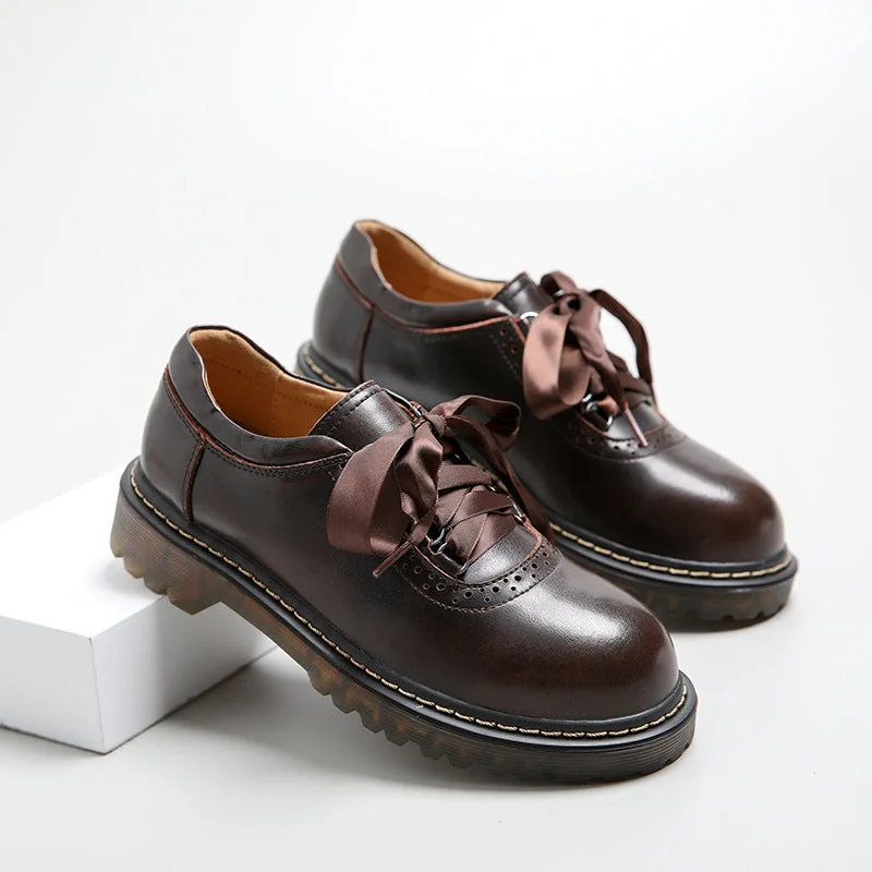 Lightweight Cushion Sneakers Womens Round Toe Retro Ribbon Lace Up Oxford Shoes - Flats