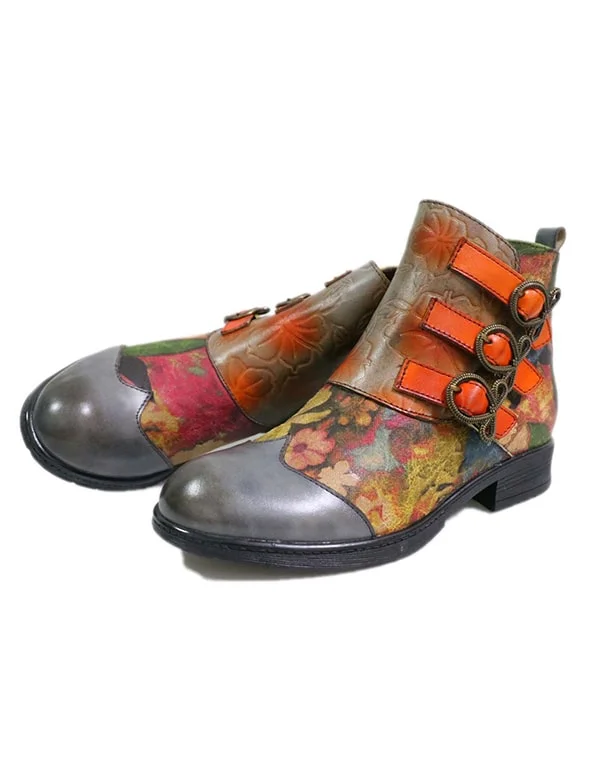 All-Day Running Shoes Handmade Ethnic Style Buckle Print Leather Ankle Boots