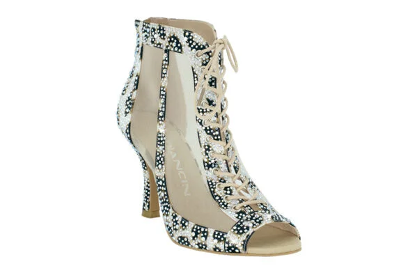 Fashion-Oriented Shoes Dancin Boots Spacial Edition Leopard Satin with Lace and Zip Carbon Chrome