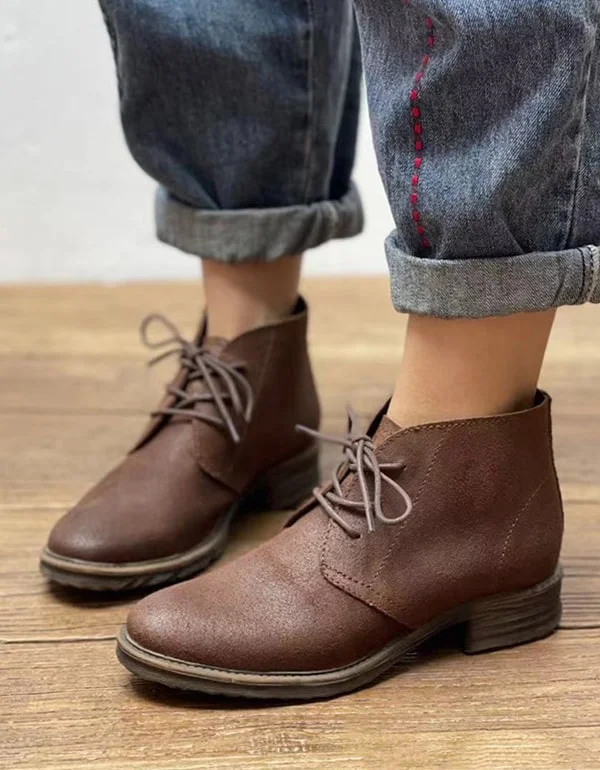 Lightweight Everyday Sneakers Autumn Pointed Toe Lace-up Retro Leather Boots