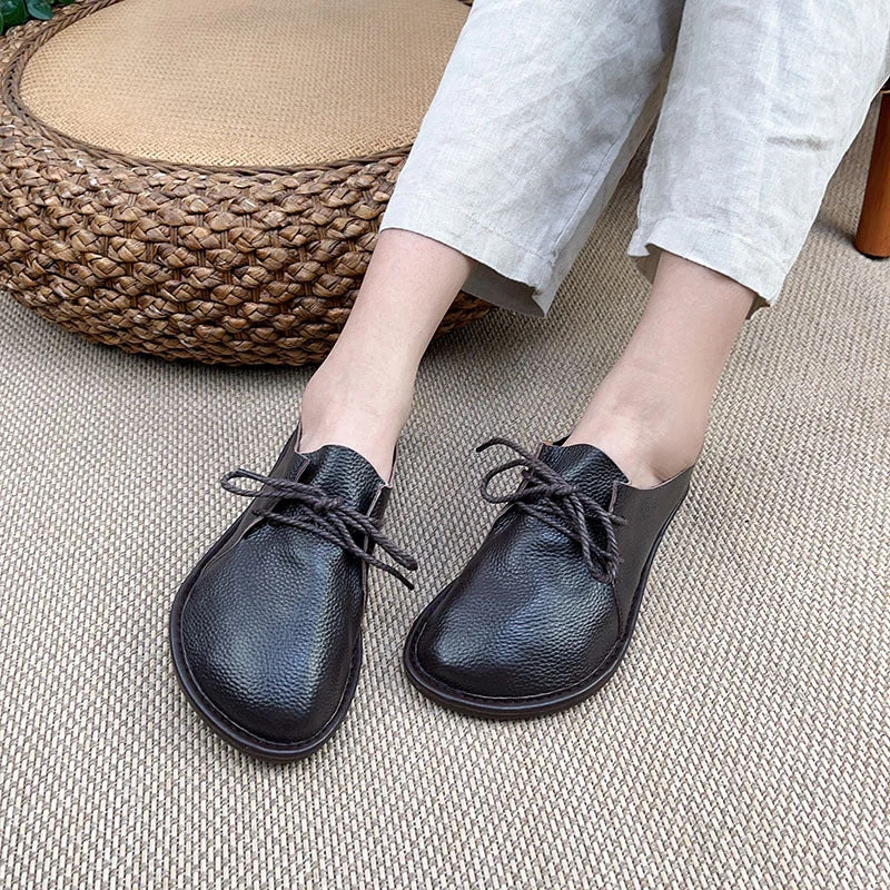 Stylish Street Shoes Womens Wide Toe Box Retro Flat Shoes Soft Leather