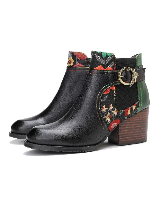 Ultra-Light Mesh Shoes Hand-painted Leather Side Buckle Floral Chelsea Boots