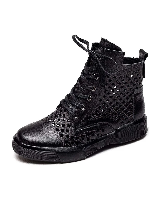 Flexible Athletic Shoes Lace-up Hollow Spring Retro Leather Boots