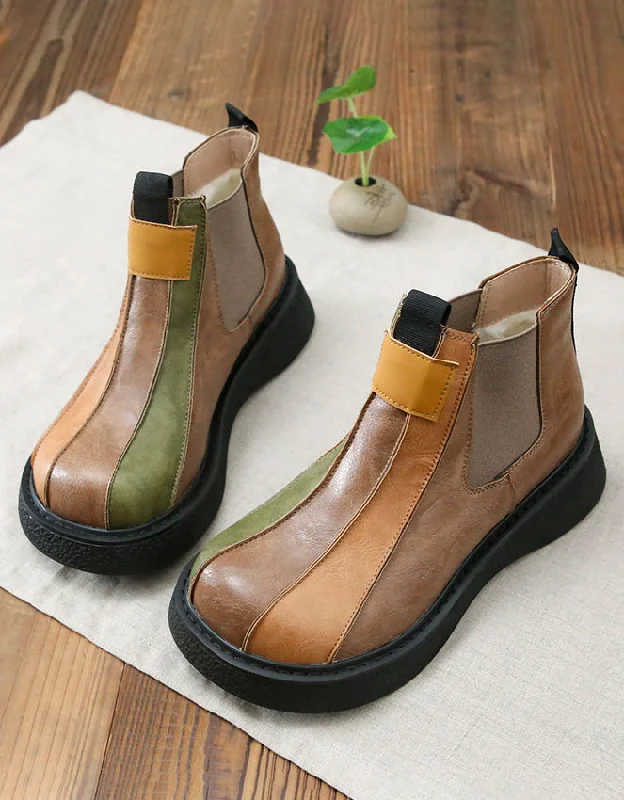 Sleek Walking Shoes Wide Head Retro Leather Patched Ankle Boots