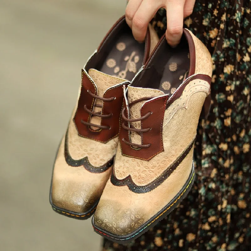 Minimalist Running Shoes Womens Oxford Shoes Handmade Leather Old Retro Style Brogue Heels