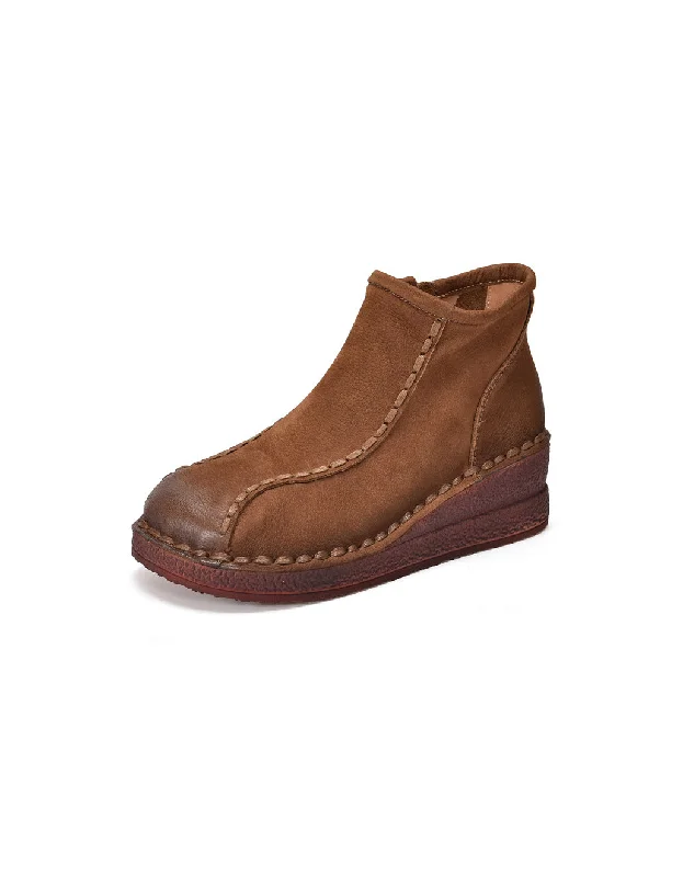 Street Comfort Shoes Round Top Wedge Heel Handmade Retro Boots