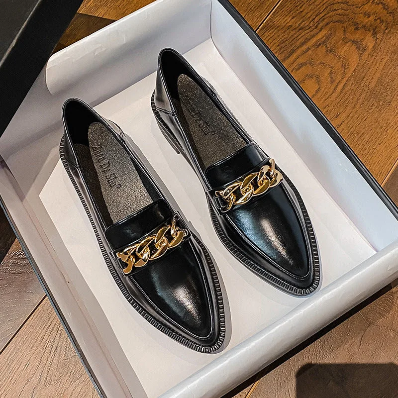 Flexible Everyday Sneakers Women‘s Metal Chain Retro Pointed Shoes Thick Bottom Loafers