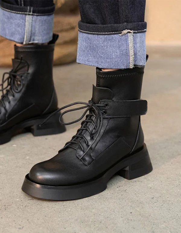Fashionable Loafers Spring Autumn Waterproof Lace-up Motorcycle Ankle Boots