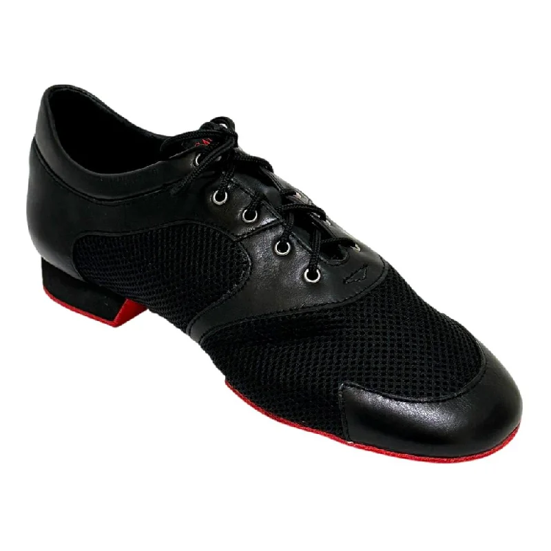 Ultra-Stretch Sneakers Practice Dance Shoes, Michelle, Black Mesh and Leather, Heel - 2cm, Red Sole