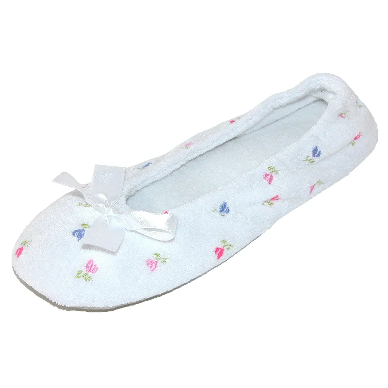 Cozy Memory Foam Shoes Women's Embroidered Terry Ballerina Slippers