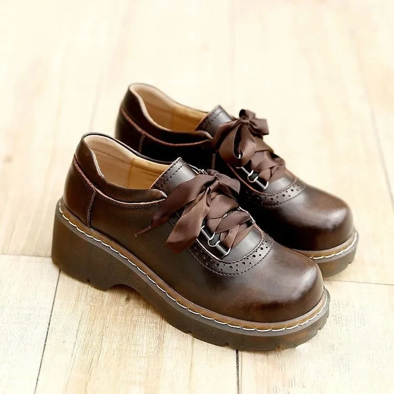 Airy Walking Shoes Womens Round Toe Retro Ribbon Lace Up Oxford Shoes