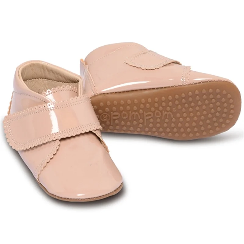 Comfortable Urban Sneakers Pom Pom Indoor Shoes Velcro Scallops Dusty Rose Patent
