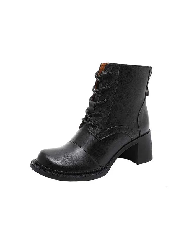 Travel-Friendly Sneakers Real Leather Lace-up Chunky Heels Ankle Boots