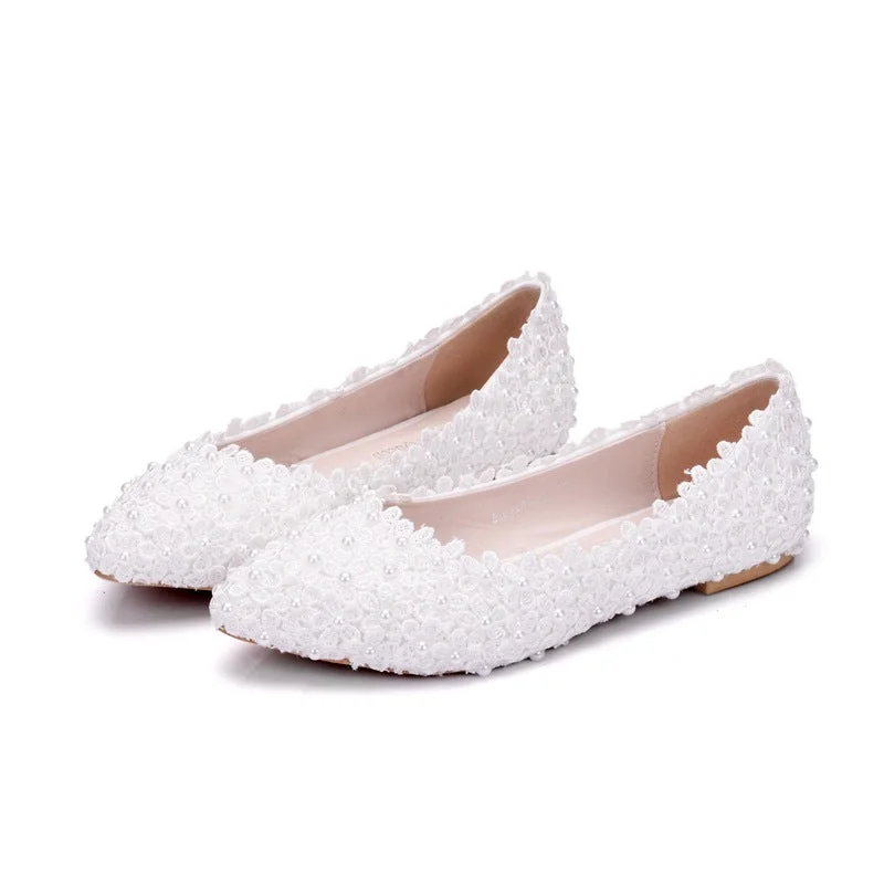 Fashionable Loafers Women Pointed Toe Shallow Wedding Lace Flora Pearls Flats