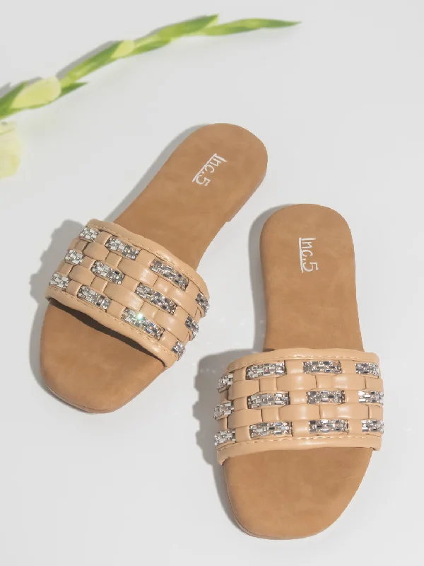 Classic Everyday Shoes Women Beige Stones Embellished Open Toe Flats