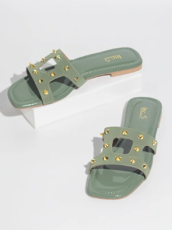 Modern Lightweight Shoes Women Green Open Toe Flats with Embellished Detail