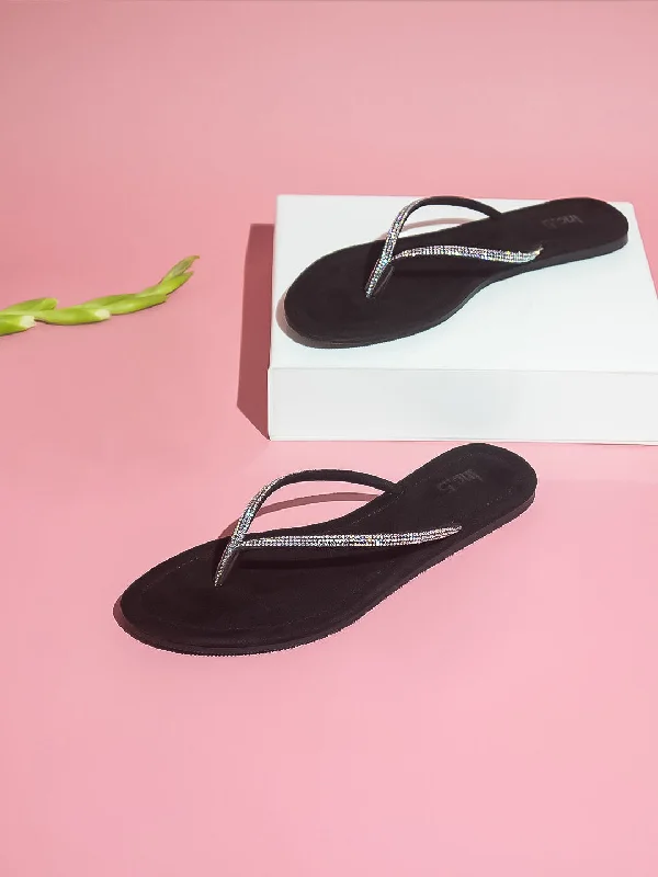 High-Comfort Shoes Women Black Embellished Open Toe Flats