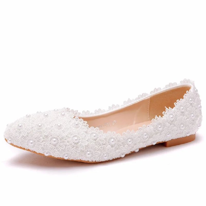 Minimalist Running Shoes Women Pointed Toe Shallow Lace Pearls Flats
