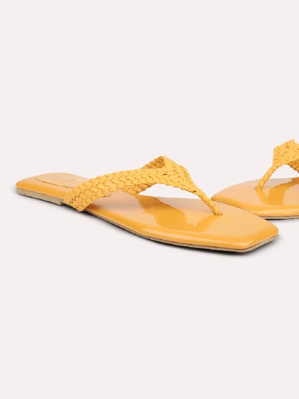 Fashionable Loafers Women Yellow Textured Open Toe Flats