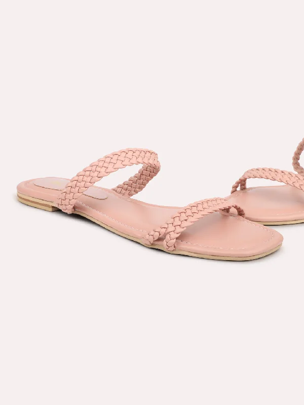 Airy Walking Shoes Women Pink Textured Open Toe Flats