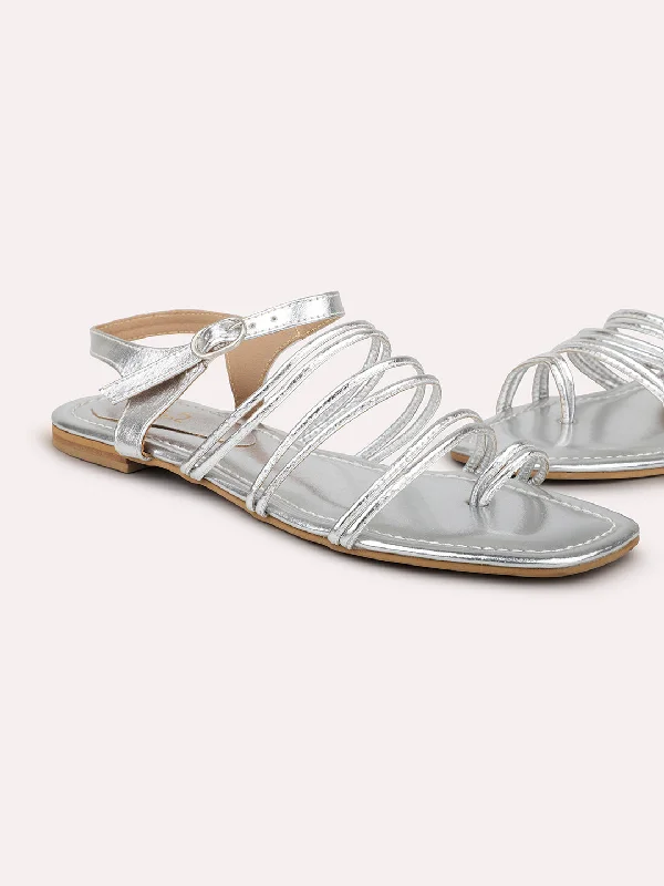 Plush Cushion Sneakers Women Silver One Toe Flats
