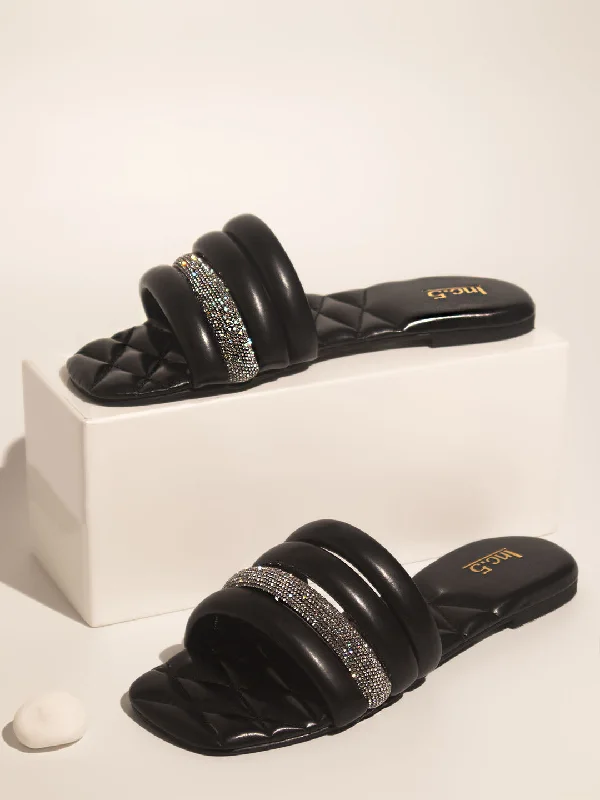 Ultra-Stretch Sneakers Women Black Embellished Open Toe Flats