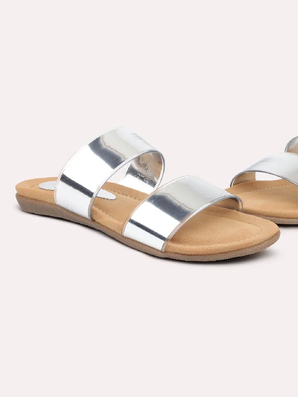 Ultra-Stretch Sneakers Women Silver Embellished Open Toe Flats