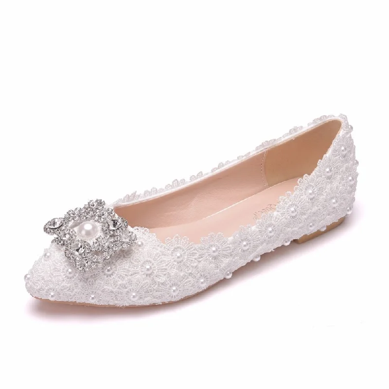 Ultra-Soft Sport Shoes Women Pointed Toe Shallow Square Buckles Rhinestone Lace Wedding Flats