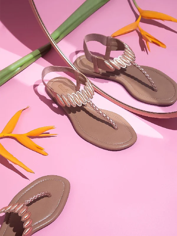 Street Comfort Shoes Women Rose gold Embellished  Open Toe Flats