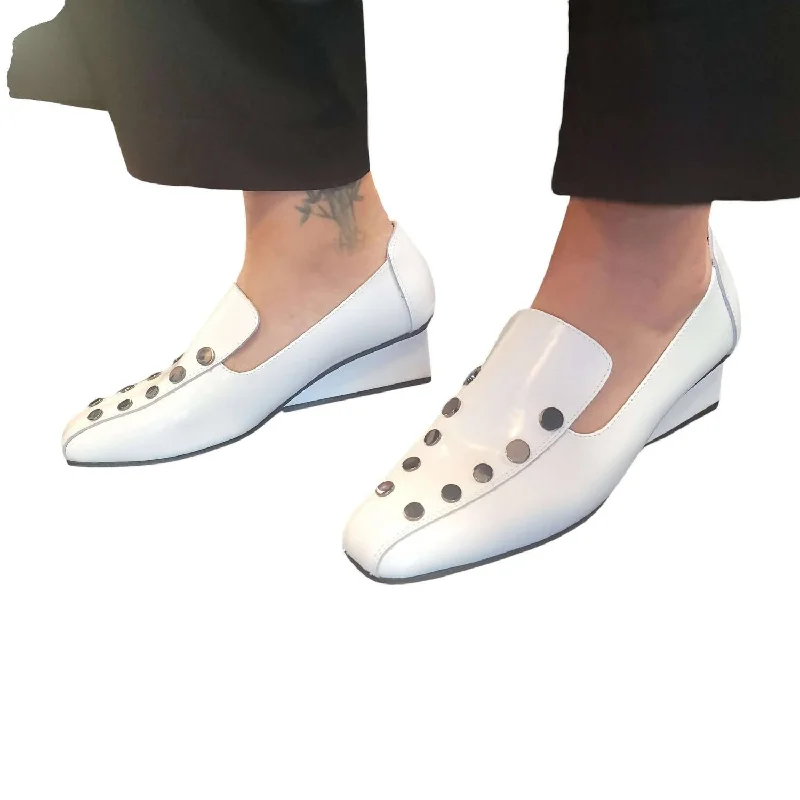 Comfortable Urban Sneakers Women's Square Stud Wedge Loafer In White