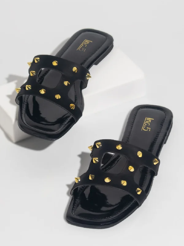 Sleek Sport Sneakers Women Black Open Toe Flats with Embellished Detail