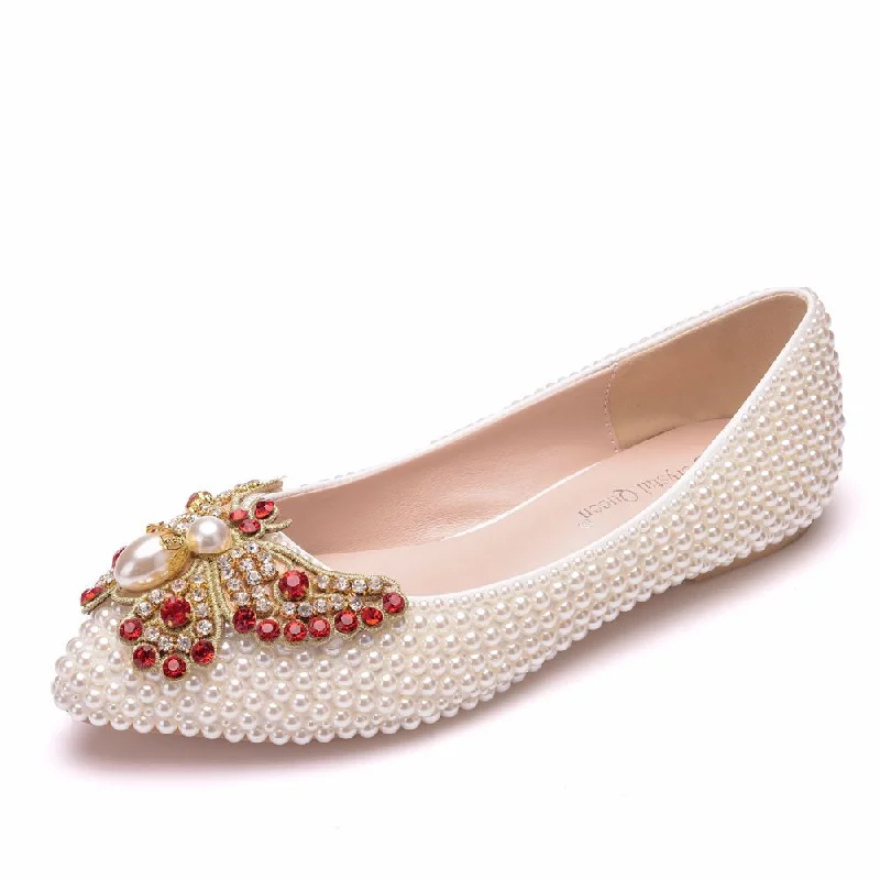 Soft Sole Casual Shoes Women Pointed Toe Shallow Wedding Pearls Bow Tie Flats