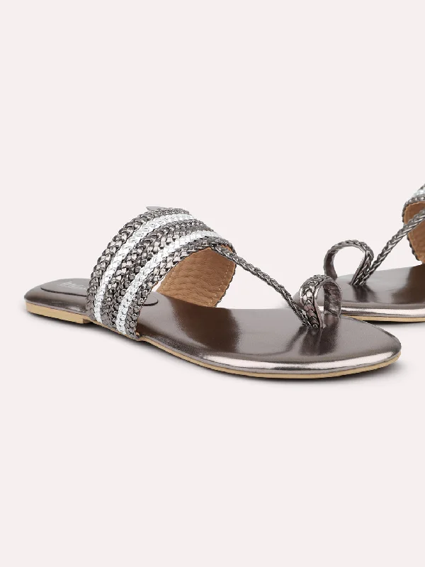 Ultra-Soft Cushion Shoes Women Pewter Embellished One Toe Flats