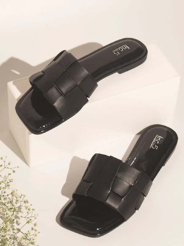 Sporty Slip-On Sneakers Women Black Textured Open Toe Flats