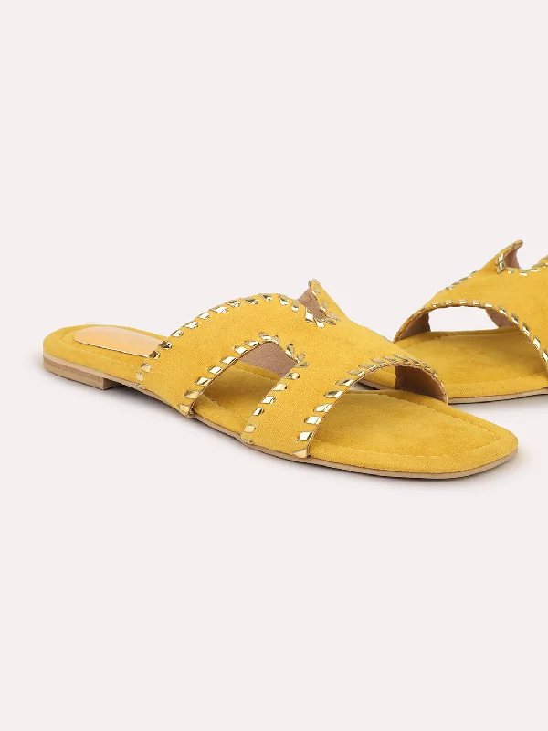 Ultra-Soft Sport Shoes Women Yellow Embellished Suede Open Toe Flats