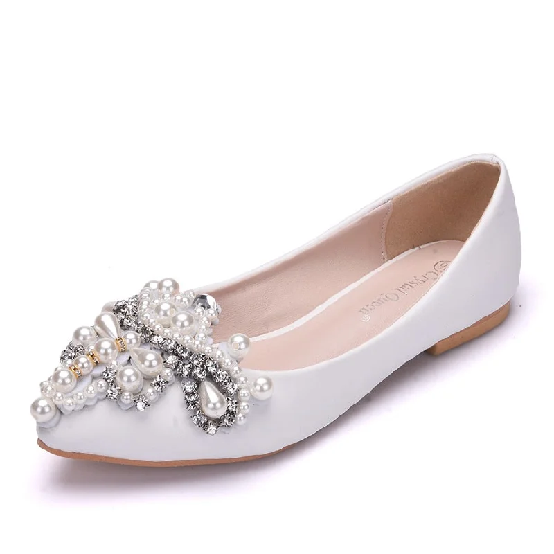 Cloud-Like Sneakers Women Pointed Toe Shallow Rhinestone Beads Flora Wedding Flats