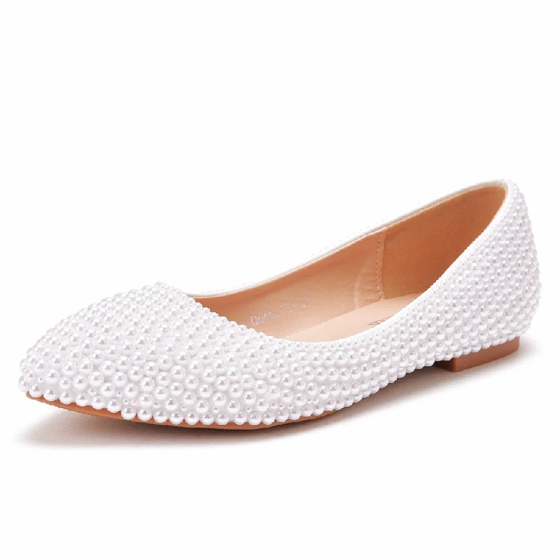 Classic Casual Sneakers Women Pointed Toe Shallow Bridal Wedding Shoes Pearls Flats