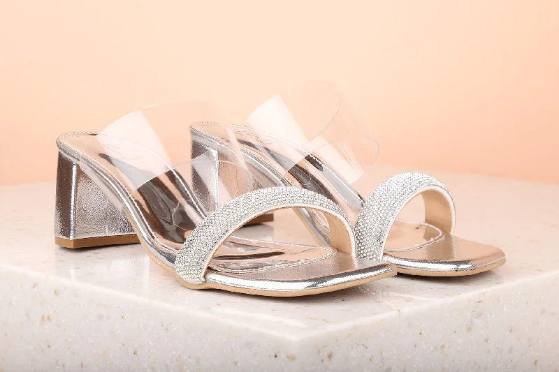Sleek Walking Shoes Women Silver Embellished Ethnic Block Heels