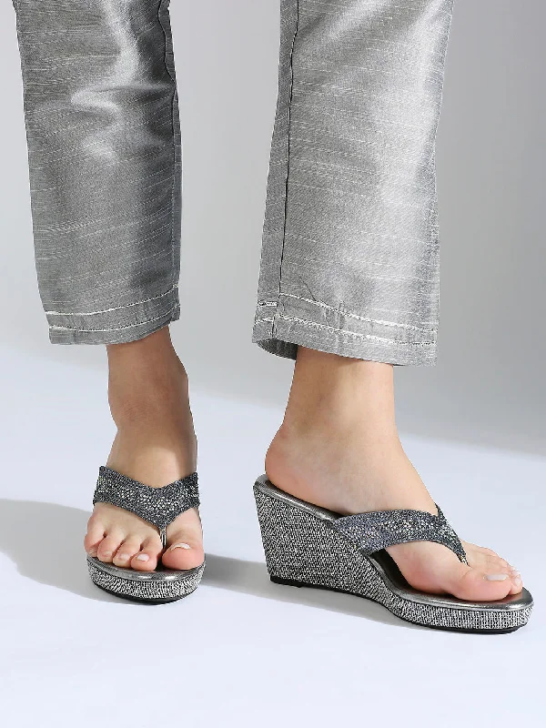 Flexible Everyday Sneakers Women Gun Metal Embellished Ethnic Wedge Sandals