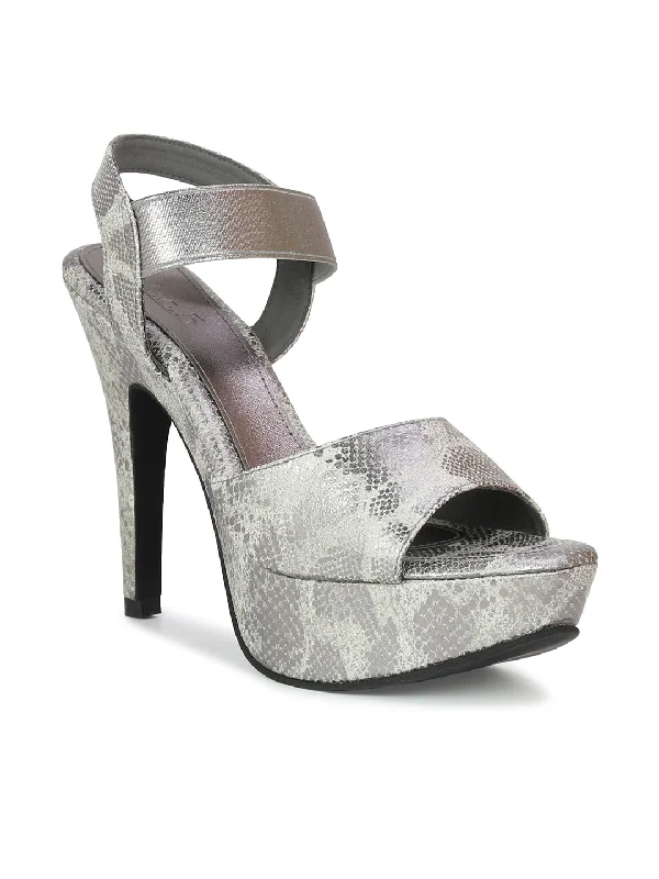 Classic Running Shoes Women Gun Metal Textured & Embellished Party Stiletto Sandals