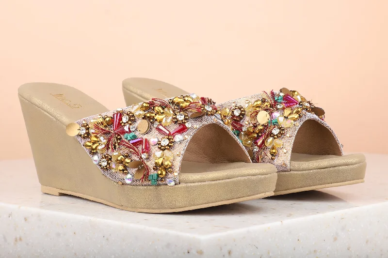 Trendy Walking Sneakers Women Antique Embellished Ethnic Wedge Peep Toes Heels