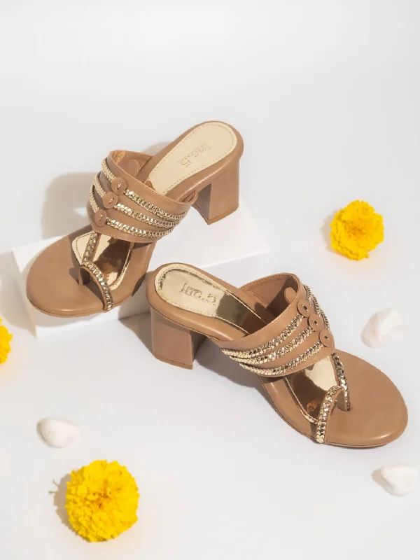 Anti-Slip Running Shoes Women Beige Ethnic Kolhapuri One Toe Block Heels