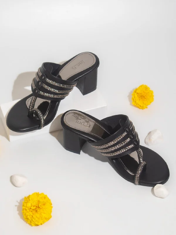 Lightweight Mesh Running Shoes Women Black Ethnic Kolhapuri One Toe Block Heels
