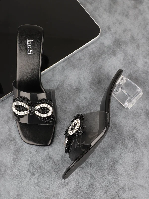 Ultra-Stretch Sneakers Women Black & Silver-Toned Transparent Embellished Open Toe Block Heels Ultra-Stretch Sneakers Women Black & Silver-Toned Transparent Embellished Open Toe Block Heels